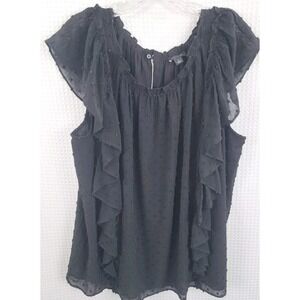 Ann Taylor Black Ruffled Cap Sleeve Swiss Dot Pullover Top Womans Size XL
